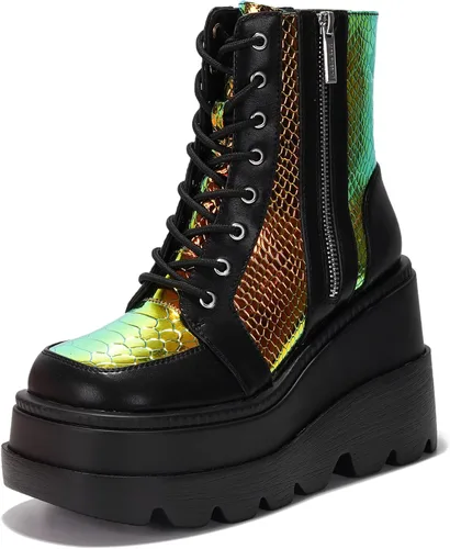 Miniatura 11 de Cape Robbin Botines de plataforma holográficos para mujeres, tacones gruesos en bloque, punta puntiaguda, cuero PU con correa de hebilla