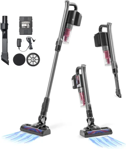 IRIS USA Power Brush - Aspiradora inalámbrica para alfombras de bajo perfil y suelos duros, accesorios 4 en 1, indicador LED de succión de 9000 Pa,