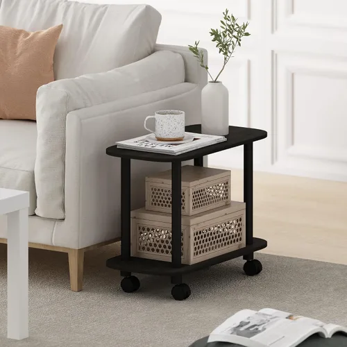 Miniatura 12 de Furinno Turn-N-Tube - Mesa auxiliar rectangular de 2 niveles con ruedas, mesita de noche de esquina redonda, mesita de noche con estante abierto