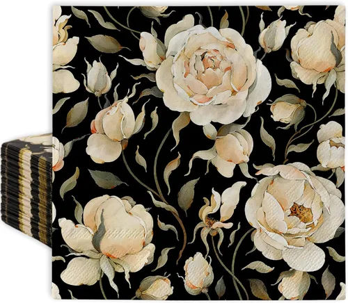 Paquete de 80 servilletas de almuerzo florales rosas retro, peonías de rosas negras, servilletas de papel desechables decorativas vintage para