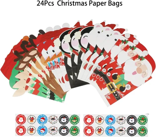 Miniatura 2 de Bolsas de regalo de Navidad – 24 bolsas de regalo de papel con 24 calcomanías, bolsas de regalo de papel kraft para recuerdos de fiesta, regalos