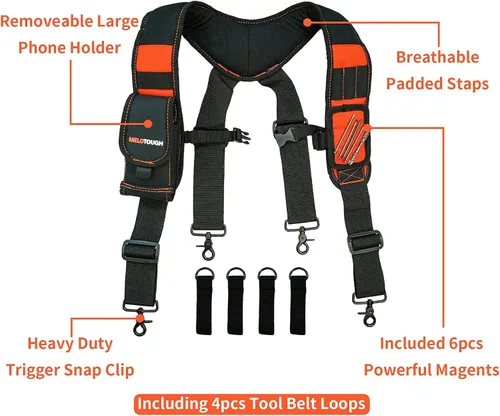 Miniatura 2 de MELOTOUGH Tirantes Magnéticos para Cinturón de Herramientas con Pulsera Magnética de Muñeca para Cinturón de Trabajo Tirantes Acolchados de Naranja
