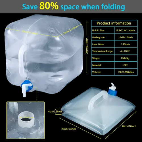Miniatura 2 de Contenedor de agua plegable de 5 galones con espiga, jarra de agua para camping, cubo de almacenamiento de agua al aire libre, agua portátil