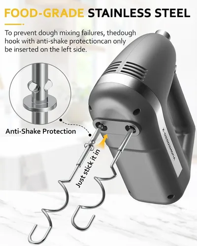Miniatura 5 de Batidora de mano eléctrica, batidora de mano eléctrica portátil con batidor 304, gancho para masa, batidora de mano con turbo para hornear pasteles