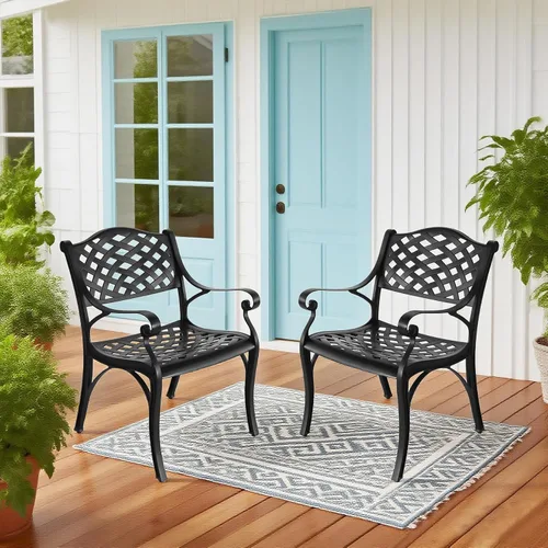 Miniatura 10 de Juego de 4 sillas de patio de aluminio fundido para todo tipo de clima, sillas de patio al aire libre con reposabrazos, muebles de patio, sillas