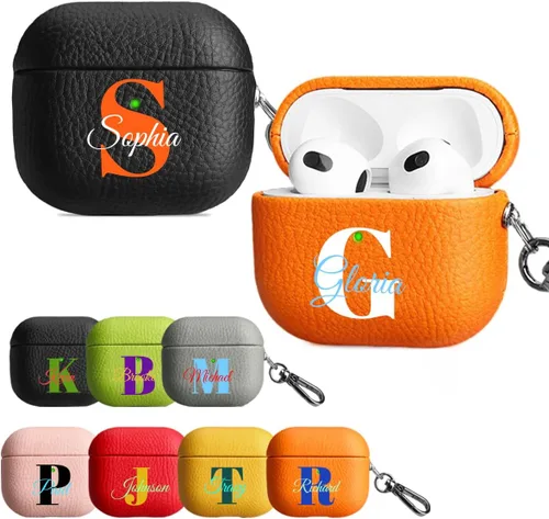 Miniatura 8 de Funda personalizada con nombre para AirPods Pro, añade tus propias iniciales personalizadas, monograma, funda de lujo de cuero vegano para Air Pods