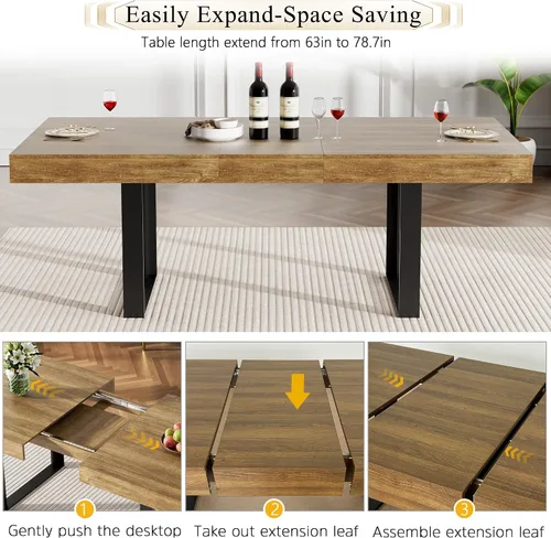 Miniatura 5 de Juego de mesa de comedor extensible de 5 piezas para 4, mesa de cocina de madera marrón de 63-78.7 pulgadas con 4 sillas acolchadas beige, juego