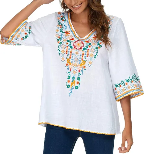 Miniatura 2 de YZXDORWJ Blusa campesina mexicana bordada con cuello en V para mujer