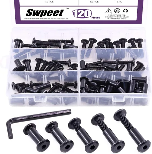 Miniatura 12 de Swpeet 141 piezas de 14 tamaños diferentes M6x16mm-3.150 in acero al carbono negro Hex Drive Socket Cap Tornillos Kit de tuercas de barril con 1
