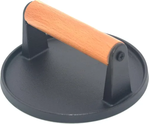 Miniatura 5 de Herramientas de cocina de hierro fundido resistente para hamburguesas, prensa redonda para carne y carne con mango de madera antiquemaduras