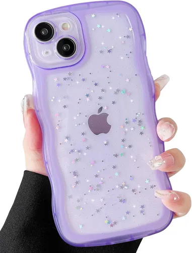 Miniatura 142 de Qokey Funda para iPhone 12 Pro Max de 6.7 pulgadas, diseño de onda rizada, borde transparente, brillante con purpurina, estrella brillante, bonita
