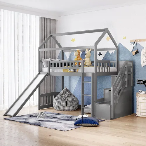 Miniatura 13 de Actual Literas de casa con tobogán, litera de madera maciza individual sobre cama individual con escaleras, techo, barandillas, cama alta de madera