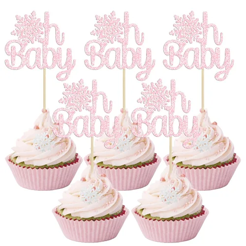 Miniatura 25 de Gyufise Paquete de 24 adornos de copos de nieve Oh Baby para cupcakes con purpurina azul Frozen Oh Baby Pick Decoraciones para baby shower