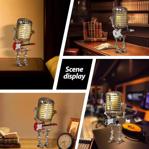 Miniatura 2 de Lámpara de Robot de Guitarra con Micrófono Vintage, Regalos de Música para Hombres, Regalos Geniales para Amantes de la Música, Luz Vintage Blanco