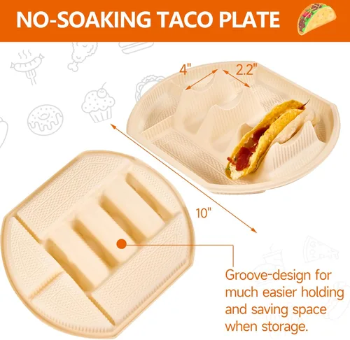 Miniatura 6 de 24 soportes desechables grandes para tacos para fiestas, platos de almidón de maíz, soporte para 3 tacos, 2 áreas de inmersión, bandejas de fiesta