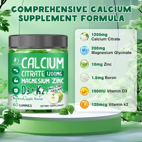 Miniatura 2 de Gomitas de Citrato de Calcio 1200 mg con Vitamina D3, Citrato de Calcio Magnesio Zinc con Suplemento de Vitamina D3 para Mujeres y Hombres Soporte