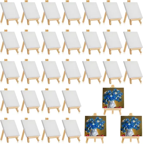 Miniatura 11 de Mimorou Juego de 32 mini lienzos de 3 x 3 pulgadas con caballetes para pintar, regalos navideños, pequeños lienzos estirados para arte, paneles