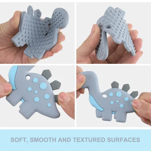 Miniatura 7 de Juguetes de dentición para bebés de 3-6 6-12 meses, juguete mordedor de dinosaurio para alivio del dolor con diseño de una pieza, conjunto de clip