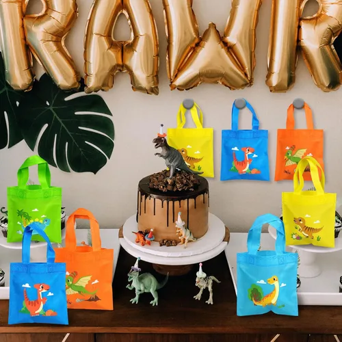 Miniatura 6 de Paquete de 20 bolsas de recuerdo de fiesta de dinosaurio para decoración de fiesta de cumpleaños de animales, regalos de devolución para cumpleaños