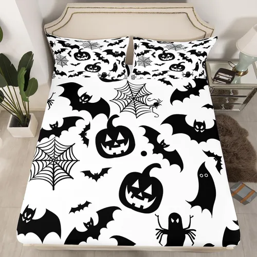 Miniatura 44 de Juego de ropa de cama de Halloween con patrón de sombras kawaii, sábana bajera tamaño queen, decoraciones de calabaza, luces de calabaza góticas