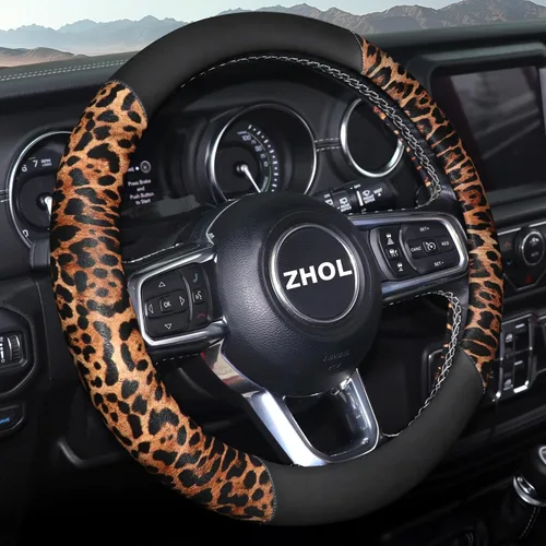 Miniatura 9 de ZHOL Funda para volante con estampado de vaca, cubierta de volante de automóvil en forma de D, piel de microfibra de 14 1/2-15 pulgadas
