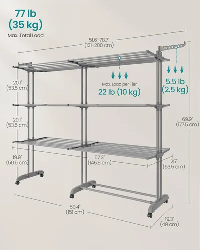 Miniatura 5 de SONGMICS Tendedero de ropa de 4 niveles, plegable, 69.9 pulgadas de alto, varillas extensibles, acero inoxidable, caballos para ropa rodantes, Gris