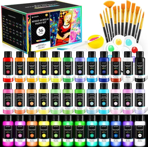 Miniatura 14 de Juego de 64 pinturas acrílicas con 12 pinceles, 2 cuchillos y paleta, 48 colores (2oz/60ml) Pintura artesanal para adultos, niños, artistas