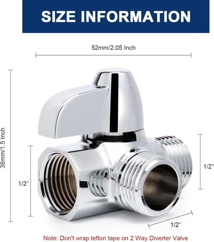 Miniatura 3 de NearMoon - Brazo de regadera de latón macizo G1/2 pulgadas, válvula desviadora de 3 vías para regadera de mano y cabezal de pulverización fijo