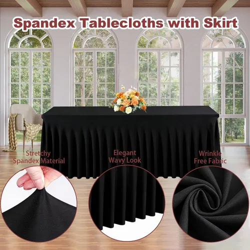 Miniatura 4 de Paquete de 3 manteles de elastano negro para mesas rectangulares de 6 pies, sin arrugas, manteles de poliéster elástico de 6 pies con falda