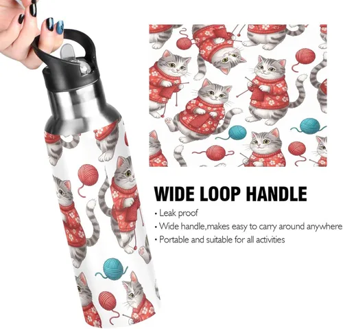 Miniatura 4 de Gray White Cats Red Floral Insulated Stainless Steel Water Bottle with Straw 20 Oz, BPA-Free Sports Water Bottle with Straw Leakproof Water Bottles
