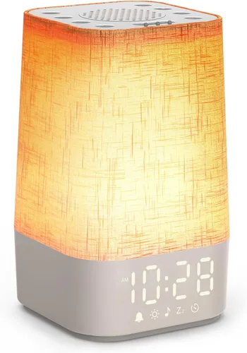Máquina de Ruido Blanco con 30 Sonidos Relajantes, Temporizador de Sueño, Lámpara de Mesita de Noche Regulable con Luz Nocturna y Reloj, Reloj