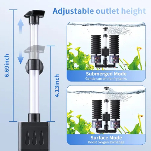 Miniatura 3 de AQQA Filtro de esponja eléctrica para acuarios, doble filtración biológica y mecánica, bomba de agua de 8 W 80 GPH con oxigenación y circulación