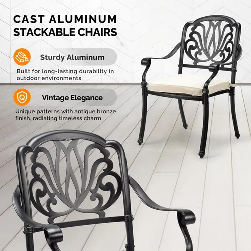 Miniatura 4 de VINGLI Juego de 2 sillas de patio apilables de aluminio fundido para exteriores con acabado negro vintage y patrón floral, sillones de metal