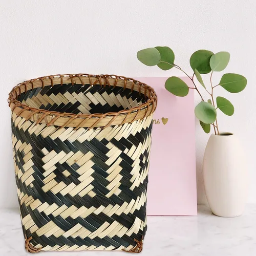 Miniatura 2 de Healeved Papelera de mimbre tejida de ratán, cesta de basura rústica, contenedor de basura redondo, contenedor de basura decorativo, cesta