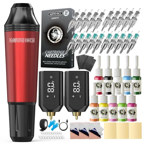 Wormhole Kit de máquina de tatuaje inalámbrica, 2 piezas, fuente de alimentación inalámbrica de tatuaje, 20 agujas de cartucho, kit de máquina de