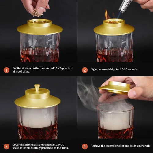 Miniatura 3 de AOKE - Kit de ahumador de whisky metálico dorado con chips de madera de 4 sabores para whisky y bourbon, kit de ahumador antiguo para mejorar