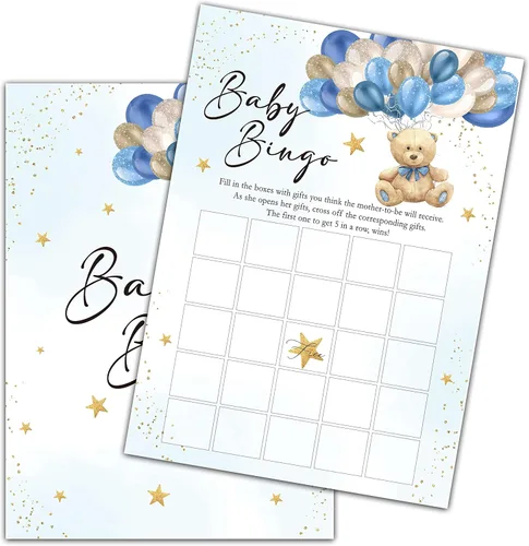 Juego de baby shower con globo de oso, bingo de baby shower, tema Twinkle Little Star, juegos de fiesta de revelación de género, 30 tarjetas de