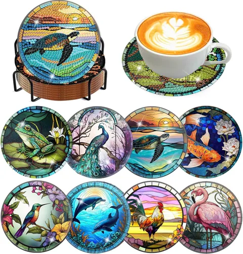 Miniatura 41 de Meothan Juego de 8 posavasos de arte de diamante para adultos con soporte, almohadillas de corcho, posavasos de arte de puntos de diamante de vidrio