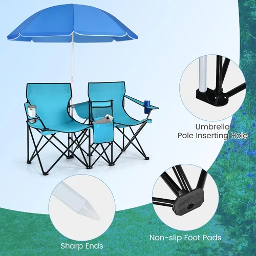 Miniatura 8 de Tangkula Sillas de campamento dobles con paraguas, silla de campamento plegable portátil de 2 asientos con bolsa enfriadora, soporte para bebidas