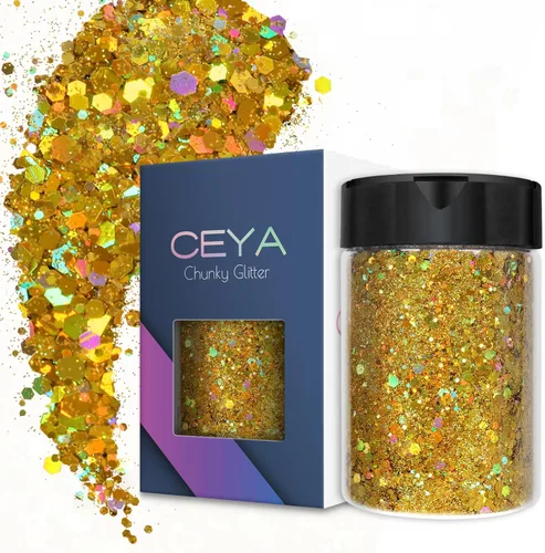 Miniatura 19 de Ceya Brillantina gruesa holográfica, 1 libra/16 onzas, oro diamante a granel, purpurina mixta gruesa y fina embotellada con lentejuelas metálicas