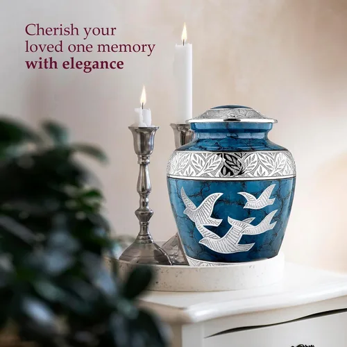 Miniatura 5 de Trupoint Memorials Urnas de Cremación para Cenizas Humanas, Urna de Entierro Decorativa para Adultos Hombres y Mujeres – Grande, Aves Azules