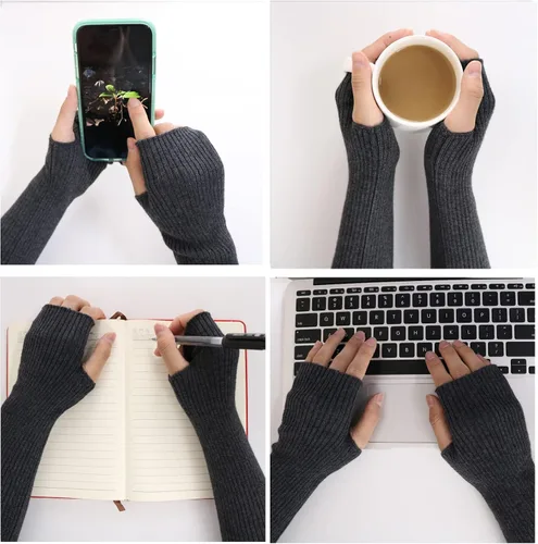 Miniatura 37 de Facecozy Calentadores de brazos para mujer, mezcla de lana de cachemira, guantes largos sin dedos para mujer, guantes para clima frío con agujero