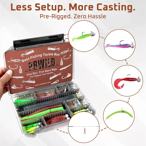 Miniatura 4 de Kit de 59 piezas de caja de aparejos de pesca de lubina, sistema de 5 aparejos preaparejados para pesca en roca, jigheads, Neko, Wacky, Dropshot