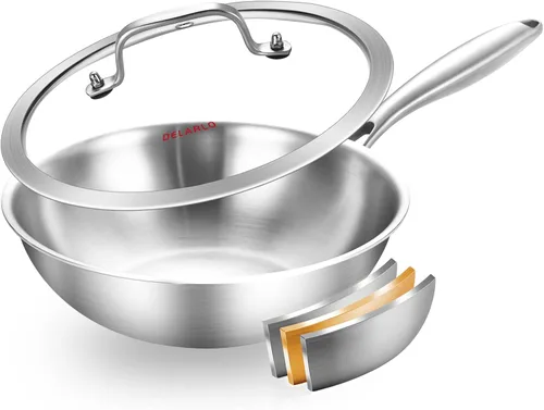 DELARLO Wok de acero inoxidable de tres capas de cuerpo entero de 9.45 pulgadas, sartén profunda de cocina, sartén pequeña con tapas, mini wok de