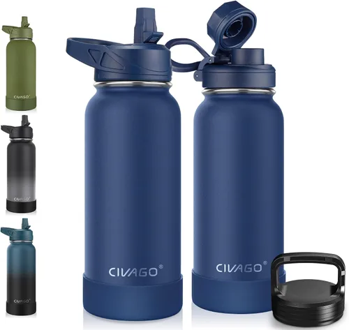 Miniatura 22 de CIVAGO Botella de agua aislada de 22 onzas con pajita, frasco de agua deportiva de acero inoxidable con 3 tapas