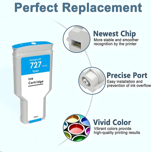 Miniatura 3 de HP 727 - Cartucho de tinta cian F9J76A 727XL compatible con impresoras DesignJet T920 T930 T1500 T1530 T2500 T2530 (paquete de 1, 10.8 fl oz)