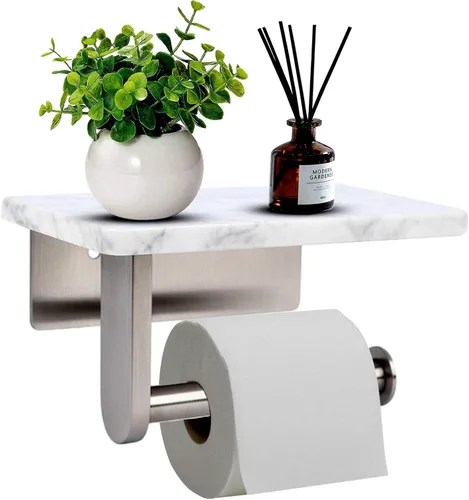Miniatura 10 de Soporte de papel higiénico con estante de mármol natural para baño, soporte de pañuelos montado en la pared adecuado para rollo mega