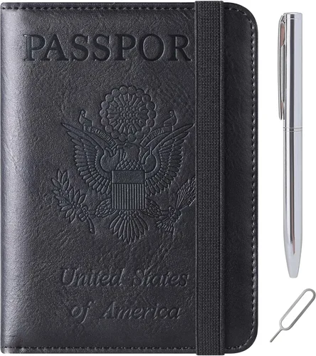 Funda para pasaporte, cartera, artículos esenciales de viaje, de cuero, estuche con bloqueo RFID, equipaje de vacaciones, artículos imprescindibles,