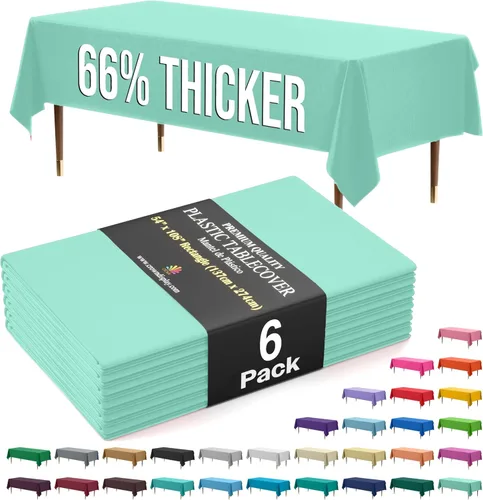 Miniatura 17 de Exquisite 66% Thicker Premium Plastic Table Cloth Rectangle Table Cover 0.5 Mil 6 Pack Aqua Table Cloth 54 Inch x 108 Inch Disposable Tablecloth