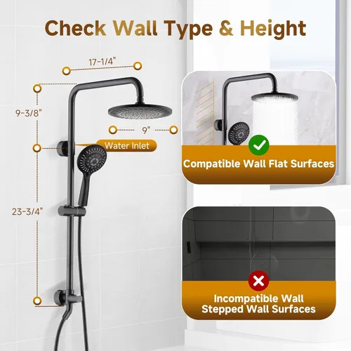 Miniatura 6 de BRIGHT SHOWERS Sistema de ducha, cabezal de ducha tipo lluvia de 9 pulgadas con ducha de mano de 5 funciones, combo de ducha doble con soporte